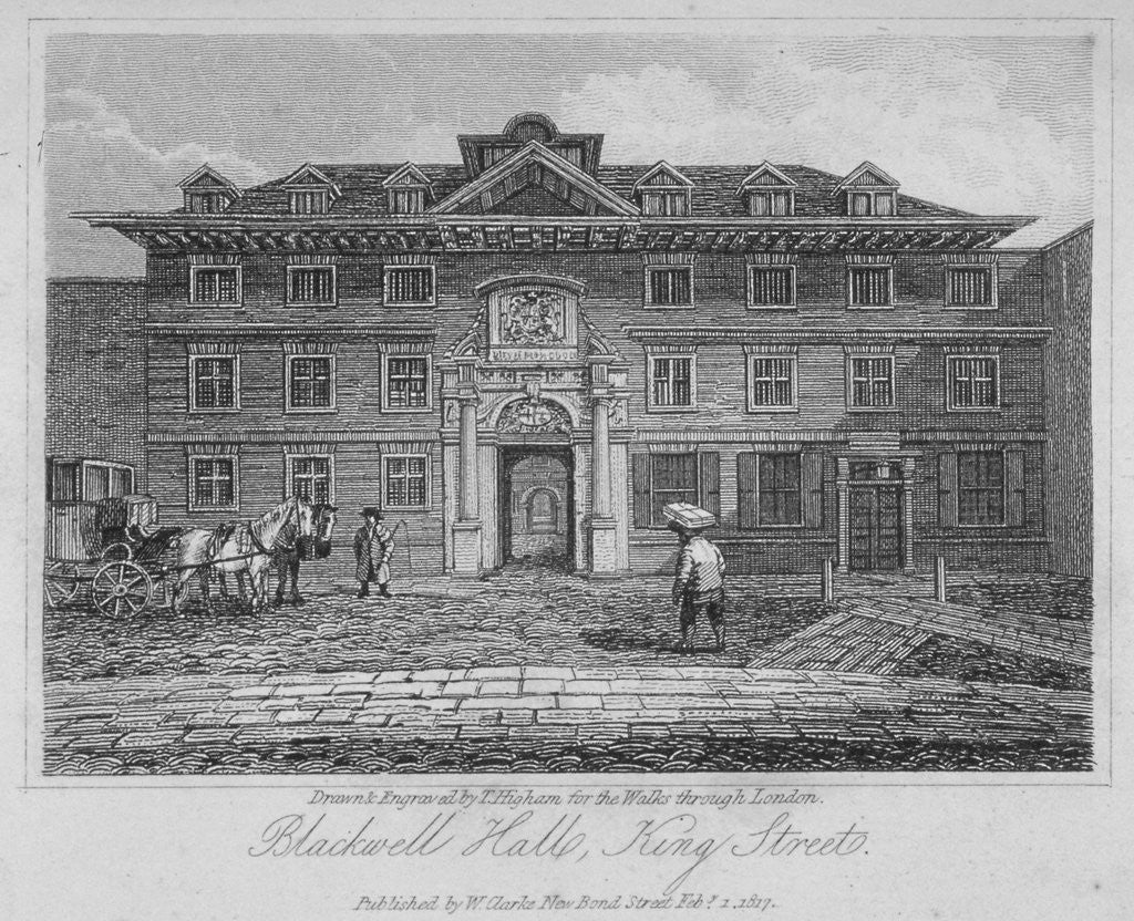 Detail of View of Blackwell Hall on King Street with carriage and figures, City of London by Thomas Higham