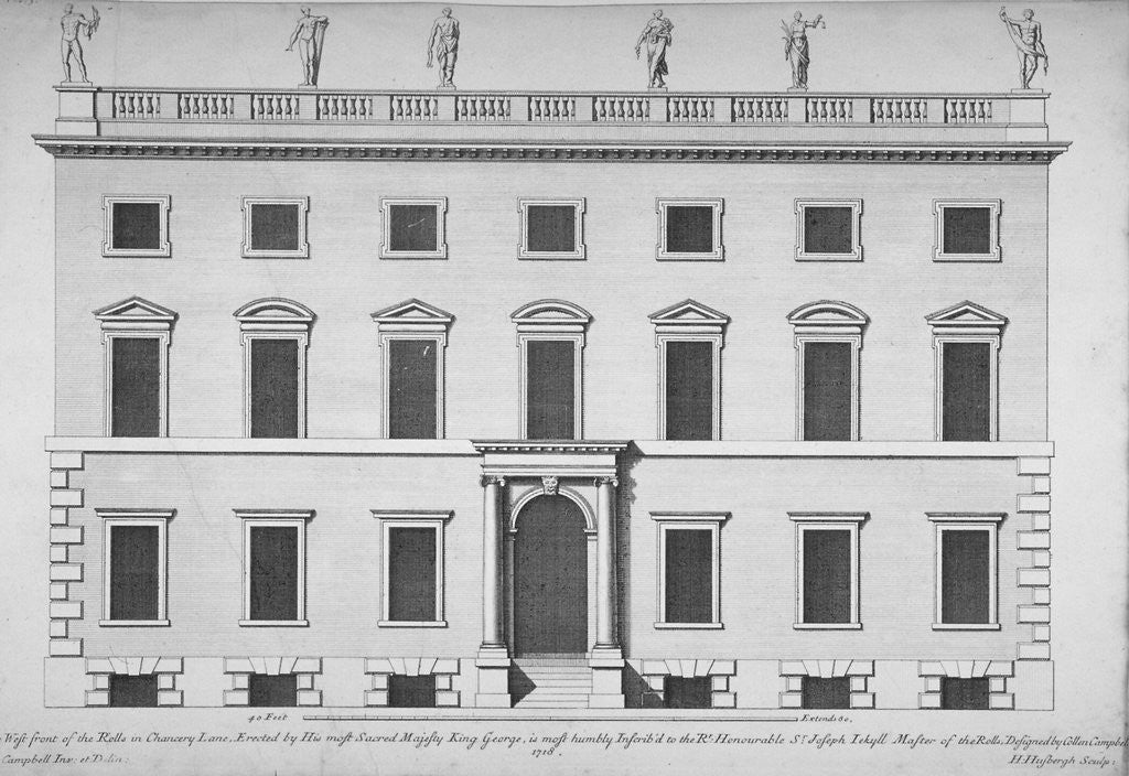 Elevation of the west front of the Rolls Office, Chancery Lane, City of London by Hendrick Hulsbergh
