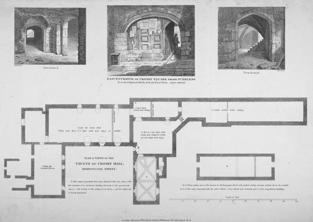 Detail of Plan and two views of the Crosby Hall vaults at no 36 Bishopsgate, City of London by William Wise