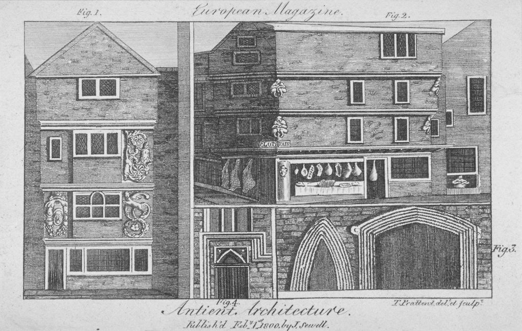Detail of Four views of architectural features on buildings in Cloth Fair, Smithfield, City of London by Thomas Prattent