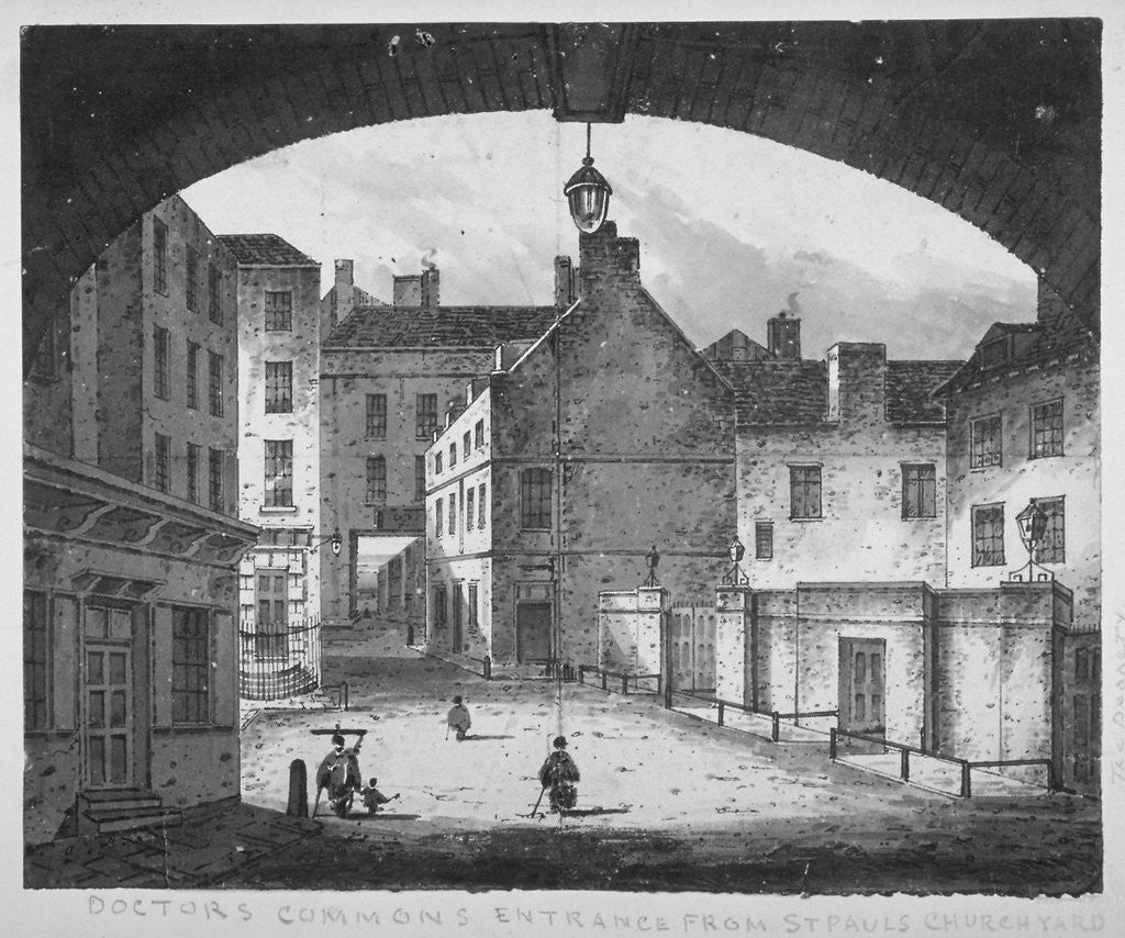View of the Doctors' Commons entrance from St Paul's churchyard, City of London by John King