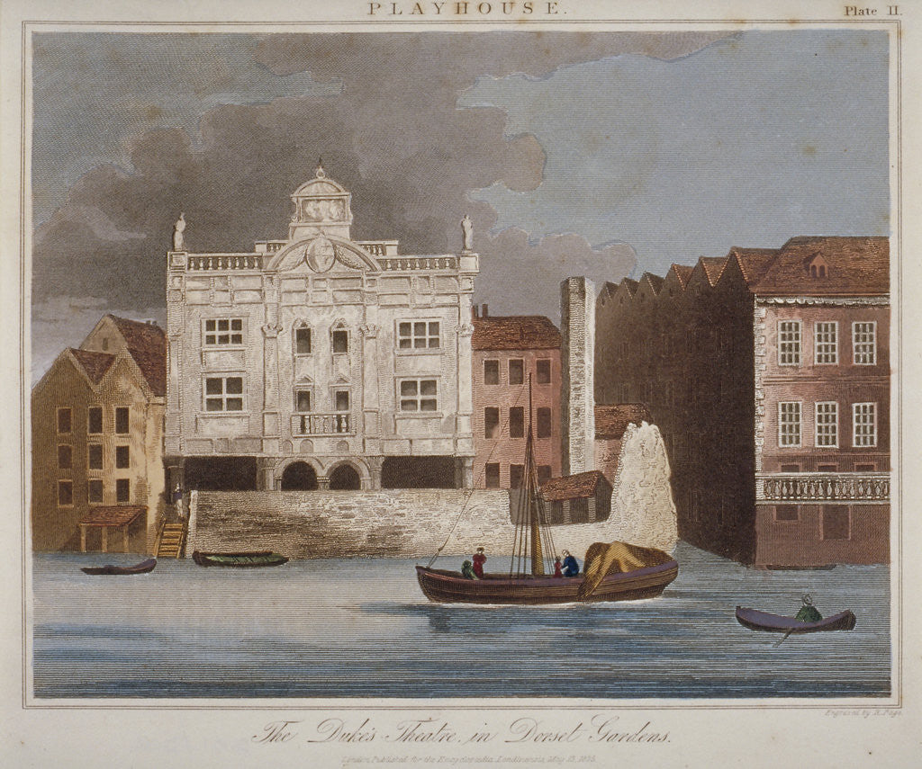Detail of The Duke's Theatre, Dorset Gardens, from the River Thames, City of London by R Page