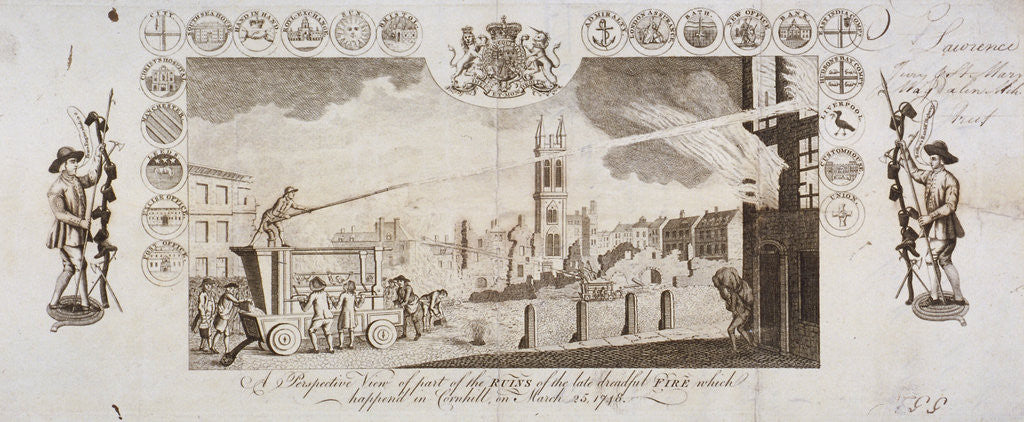 Detail of View of fire engines extinguishing a fire in Cornhill, City of London, 25 March 1748 by Anonymous