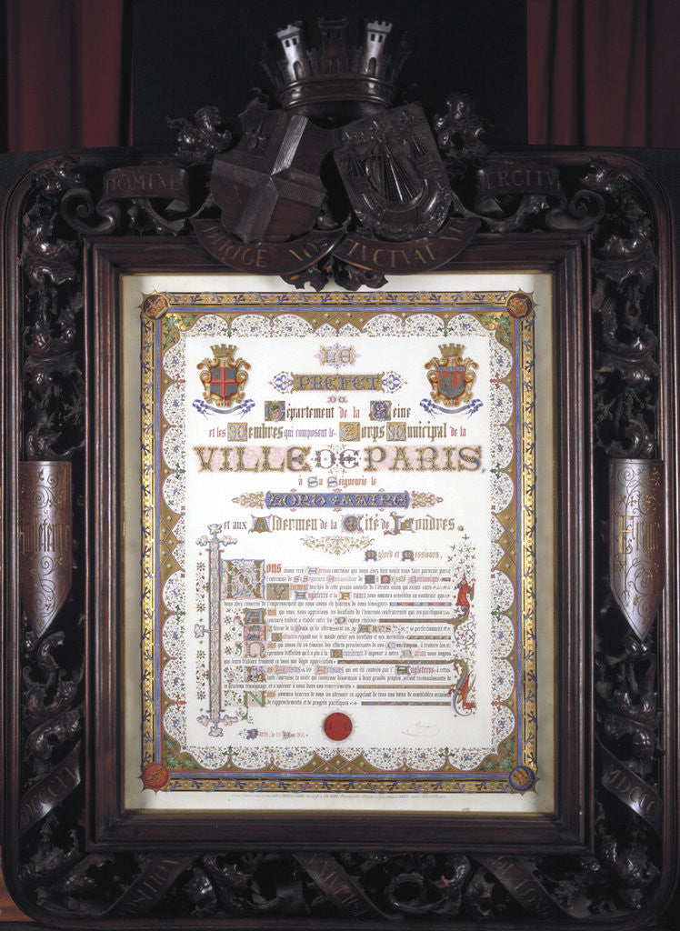 Detail of Illuminated vote of thanks from the Mayor of Paris to the Lord Mayor of London, 13 August 1852 by JP Leon la Rue