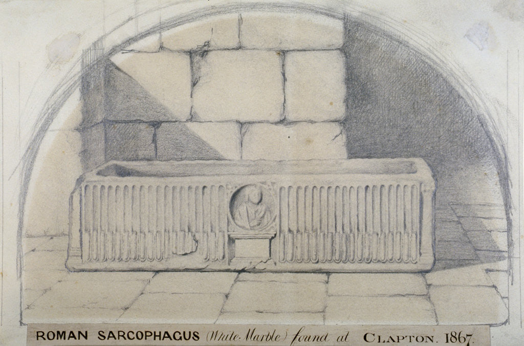 Roman marble sarcophagus found at Clapton in 1867, carved with a medallion relief of figure by Anonymous