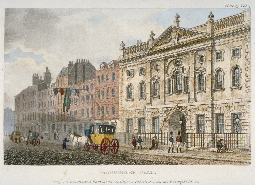 View of Ironmongers' Hall and people and a coach in Fenchurch Street, City of London by Anonymous