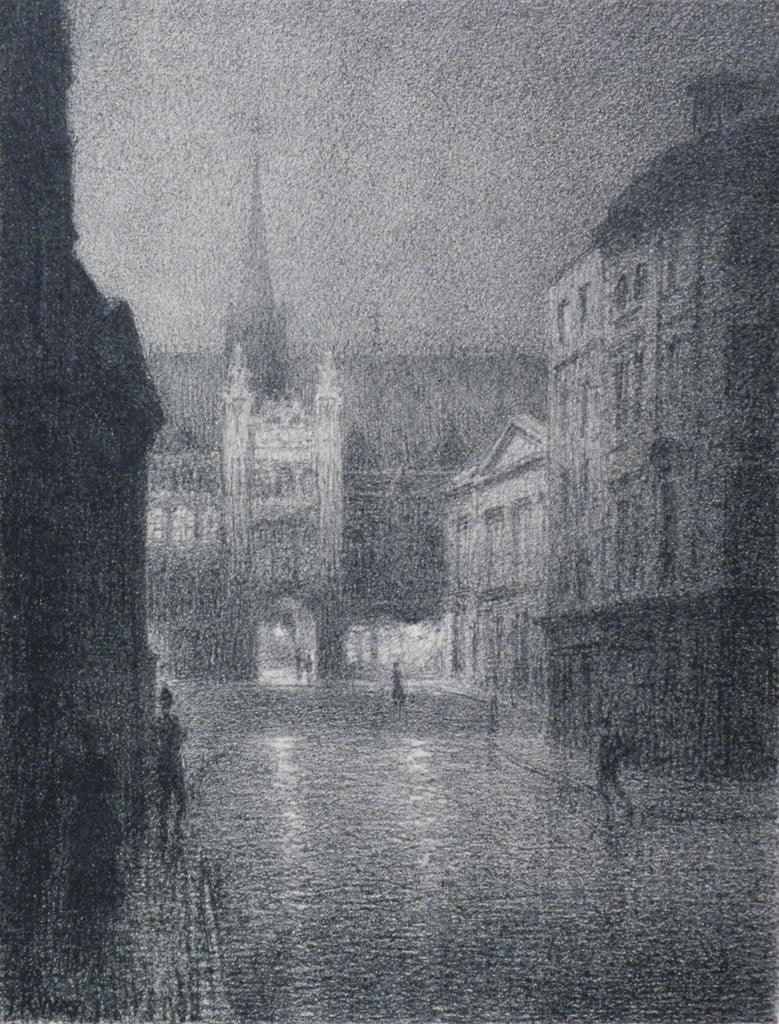 Detail of Nocturnal view of the Guildhall from the corner of Gresham Street, City of London by Thomas Robert Way