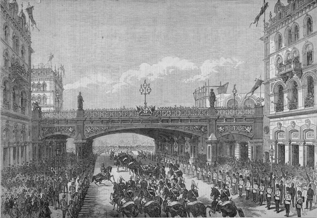 Detail of A procession in Farringdon Street passing under Holborn Viaduct, City of London by Anonymous
