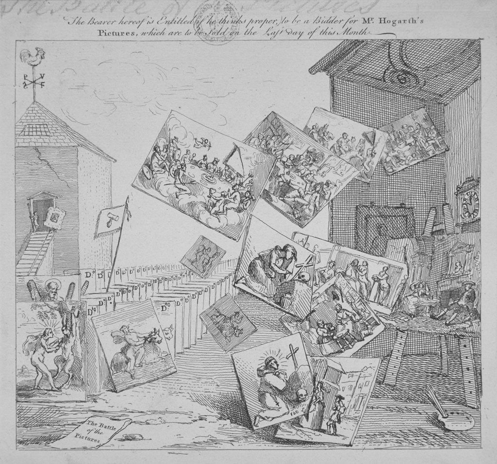 Detail of The battle of the pictures; a bidder's ticket for Hogarth's auction of 19 paintings by William Hogarth
