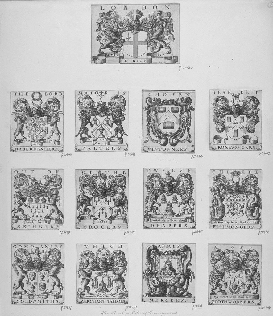 Arms of the twelve chief City Livery Companies surmounted by the arms of the City of London by Wenceslaus Hollar
