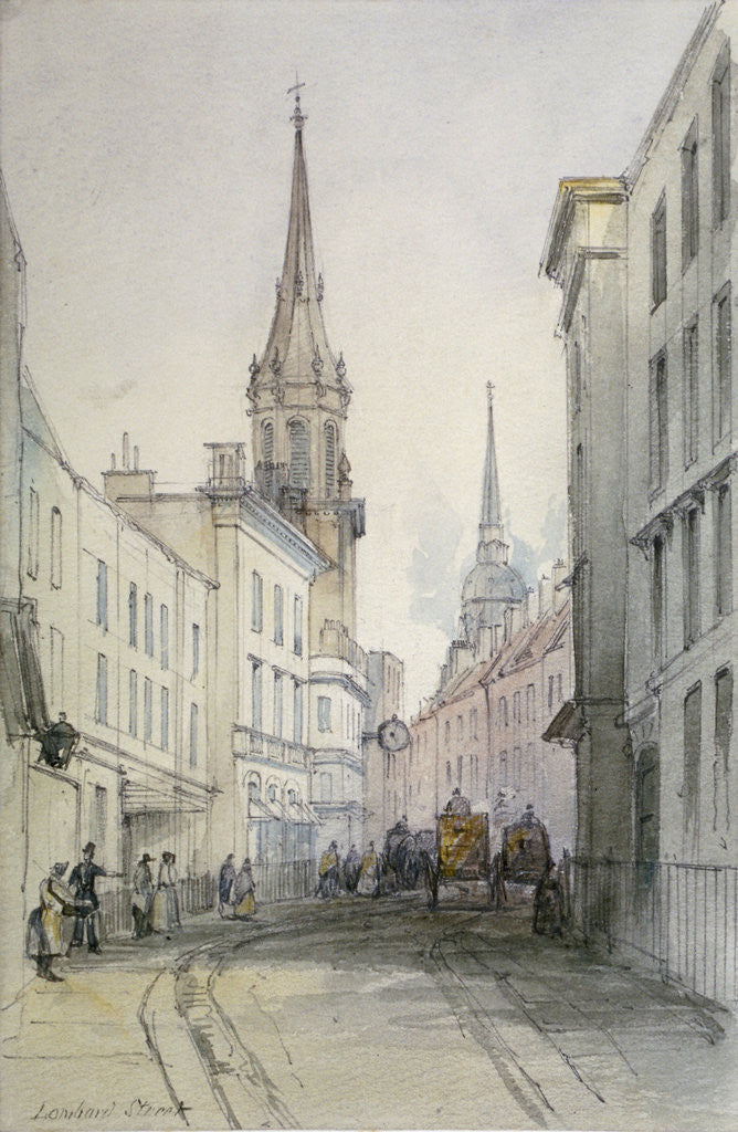 Detail of View along Lombard Street, looking east, with figures and carriages, City of London by Thomas Colman Dibdin
