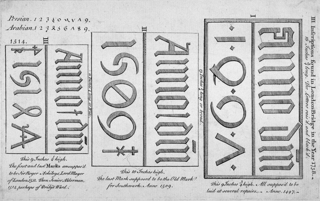 Detail of Stone date marks reading 1497, 1506 and 1514 from London Bridge by Anonymous