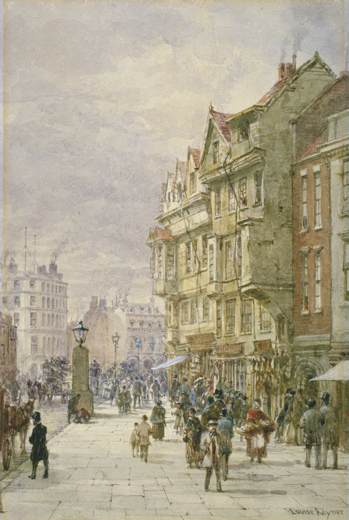 View east along Holborn with figures and horse-drawn vehicles on the street, London by Louise Rayner