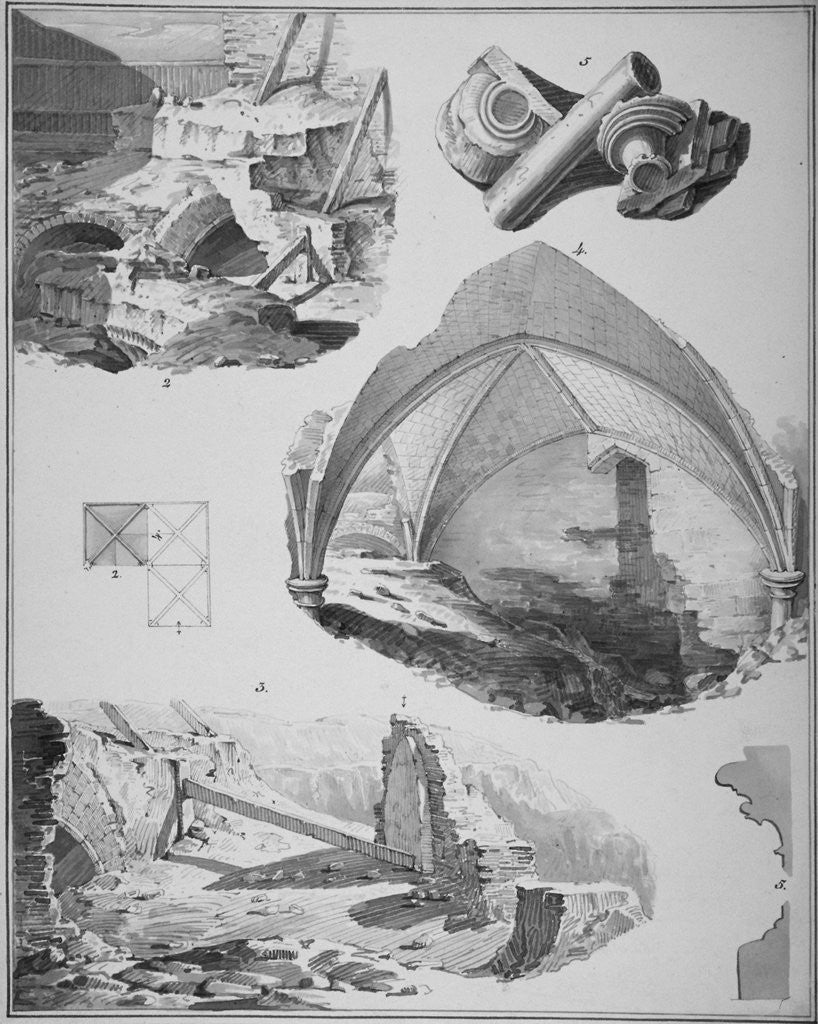Detail of Vignettes of the remains of the Church of St Martin's le Grand, City of London by Robert Blemmell Schnebbelie