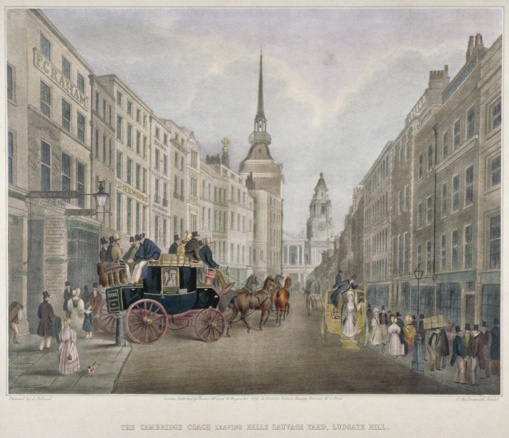Detail of The Cambridge coach leaving the Nelson Inn, Belle Sauvage Yard, Ludgate Hill, London by Charles Joseph Hullmandel