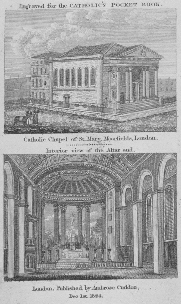 Detail of Two views of St Mary's Roman Catholic Church, Moorfields, City of London by Anonymous