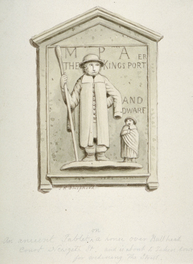 Detail of Tablet on a house over Bull Head Court, Newgate Street, City of London by Thomas Hosmer Shepherd