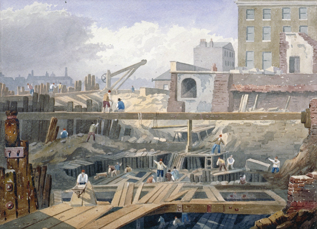 Detail of View of the foundations being dug for the first arch of London Bridge by Anonymous