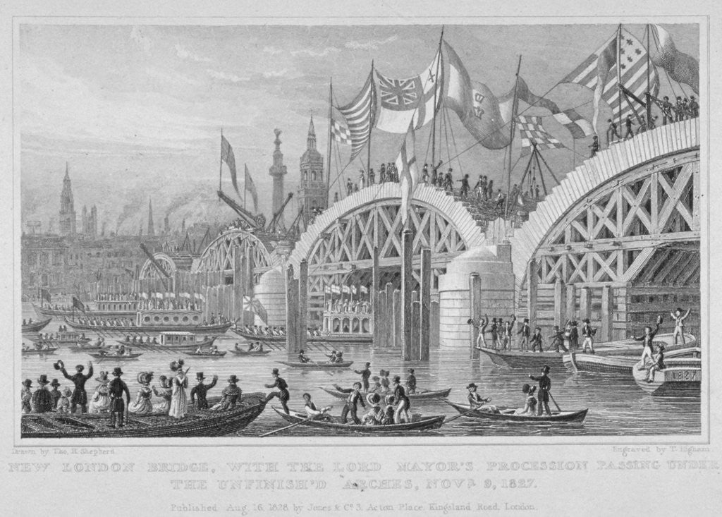 Detail of London Bridge, with the Lord Mayor's procession passing under the unfinished arches by Thomas Higham