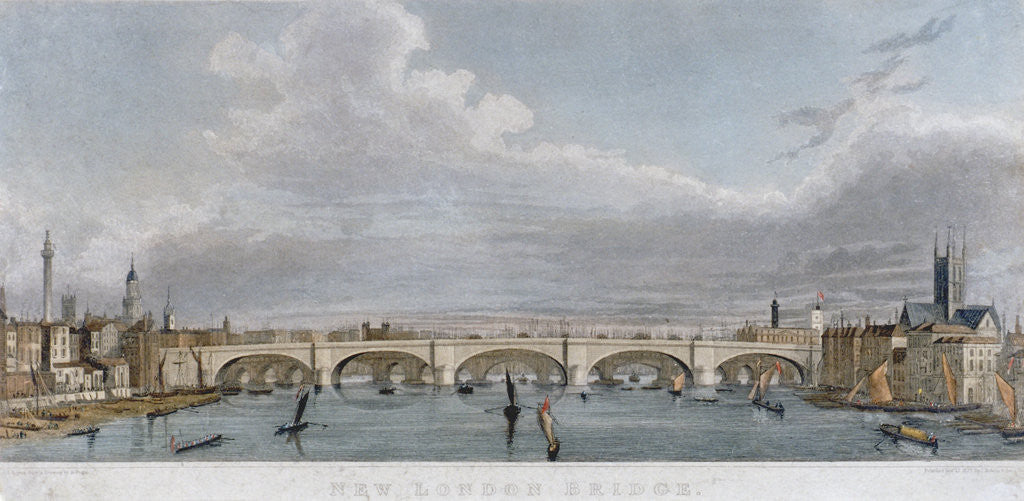 View of London Bridge from the west with boats on the River Thames by S Rogers