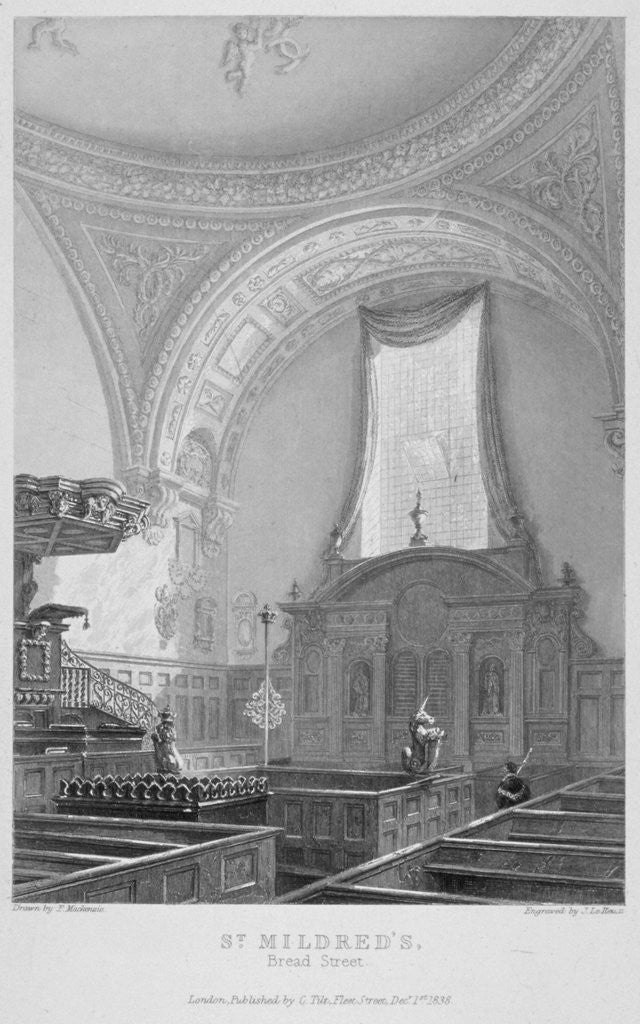 Detail of Interior of the Church of St Mildred, Bread Street, City of London by John Le Keux