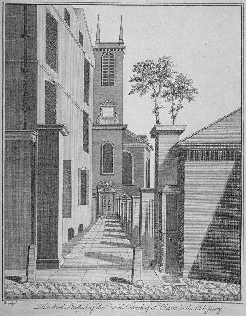 Detail of West prospect of the Church of St Olave Jewry from Ironmonger Lane, City of London by Benjamin Cole