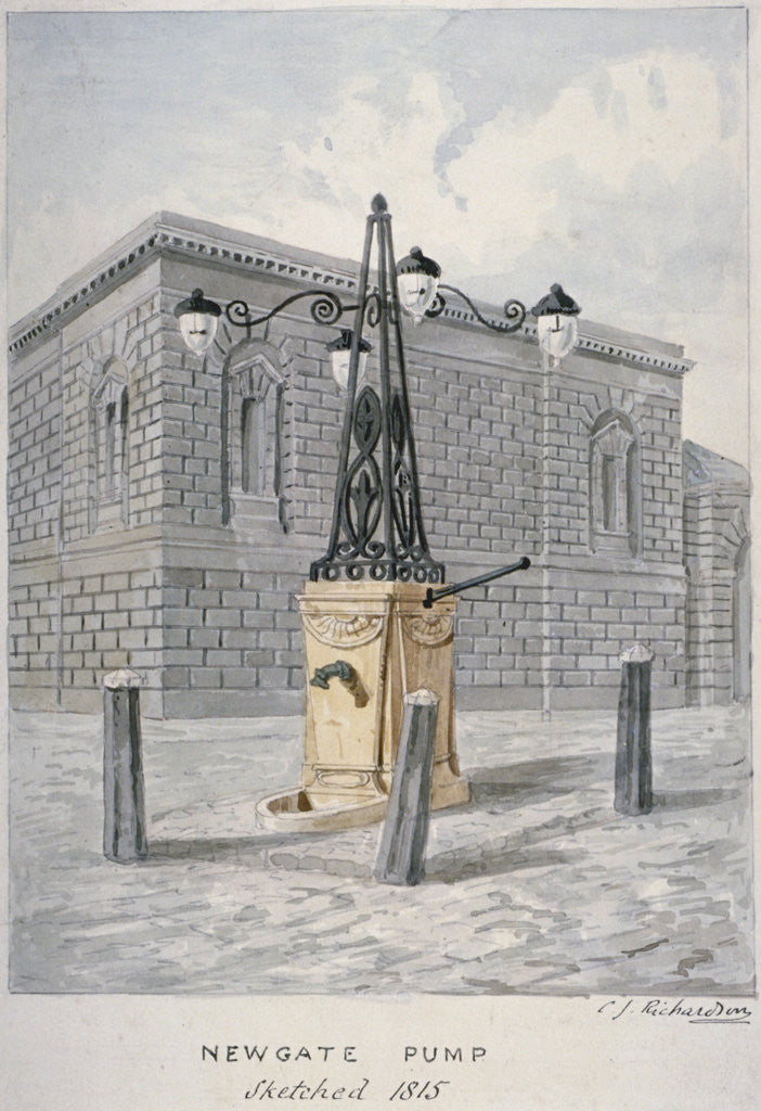 Detail of Newgate Pump, Old Bailey with Newgate Prison in the background, City of London by Charles James Richardson