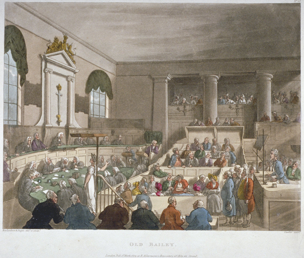 Detail of Interior view of the Sessions House, Old Bailey, with a court in session, City of London by Augustus Charles Pugin