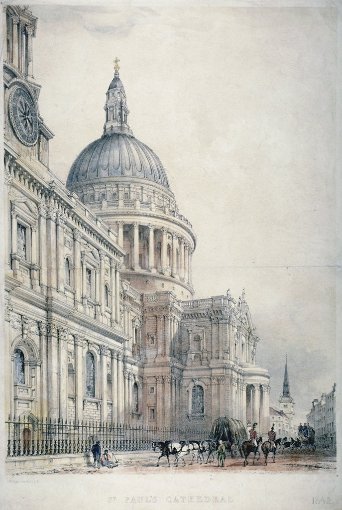 Detail of South-west view of St Paul's Cathedral from St Paul's Churchyard, City of London by Charles Walter Radclyffe