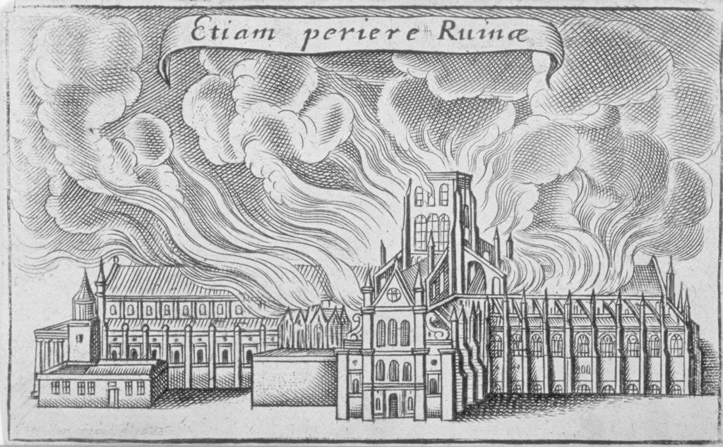 Detail of Old St Paul's Cathedral burning in the Great Fire of London by Wenceslaus Hollar