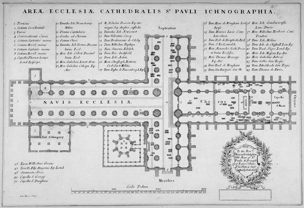 Detail of Plan of the old St Paul's Cathedral, City of London by J Harris