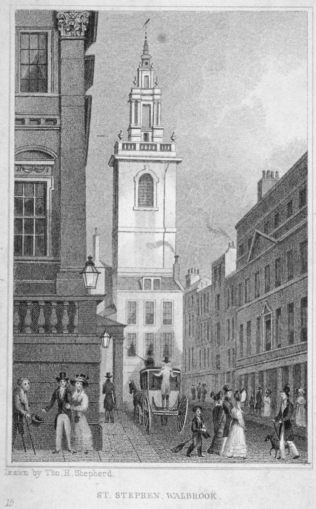 Detail of Church of St Stephen Walbrook from the corner of Mansion House, City of London by R Acon