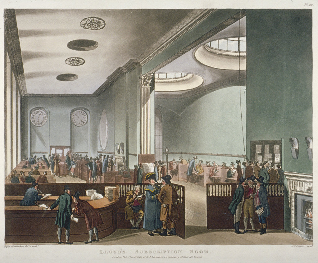 Detail of Interior view of Lloyds Subscription Room in the Royal Exchange, City of London by Augustus Charles Pugin