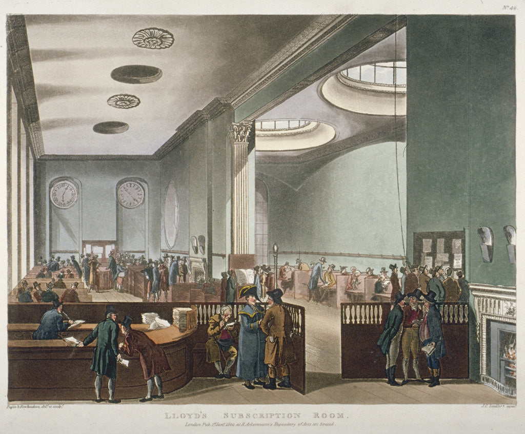 Interior view of Lloyds Subscription Room in the Royal Exchange, City of London by Augustus Charles Pugin