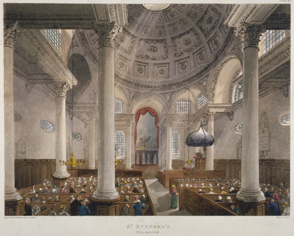 Detail of Interior of the Church of St Stephen Walbrook during a service, City of London by Augustus Charles Pugin