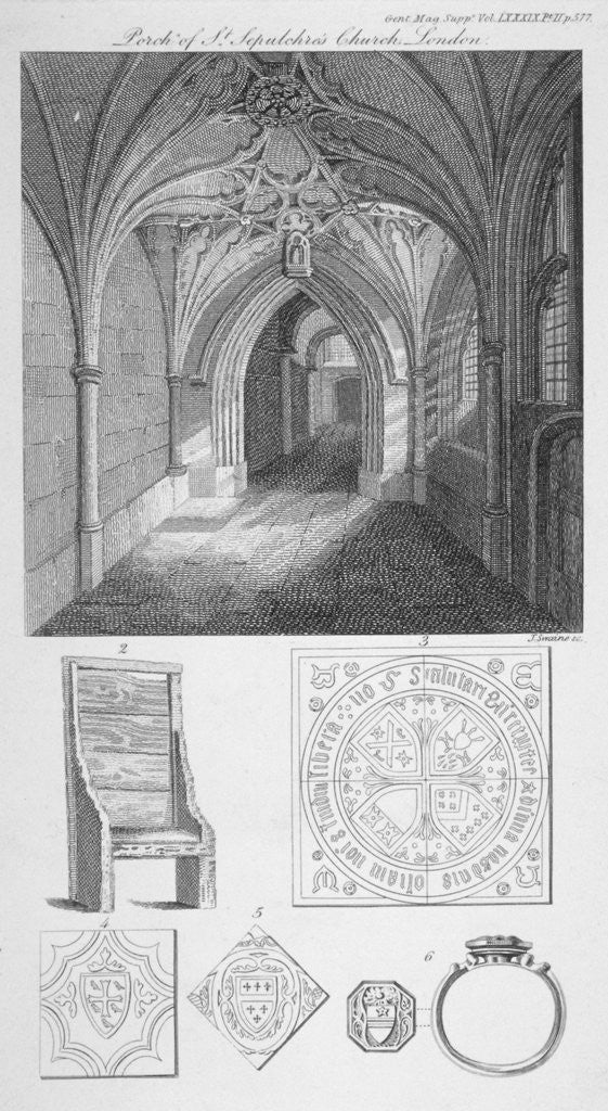 Detail of Interior view of the porch of St Sepulchre Church, City of London by J Swaine