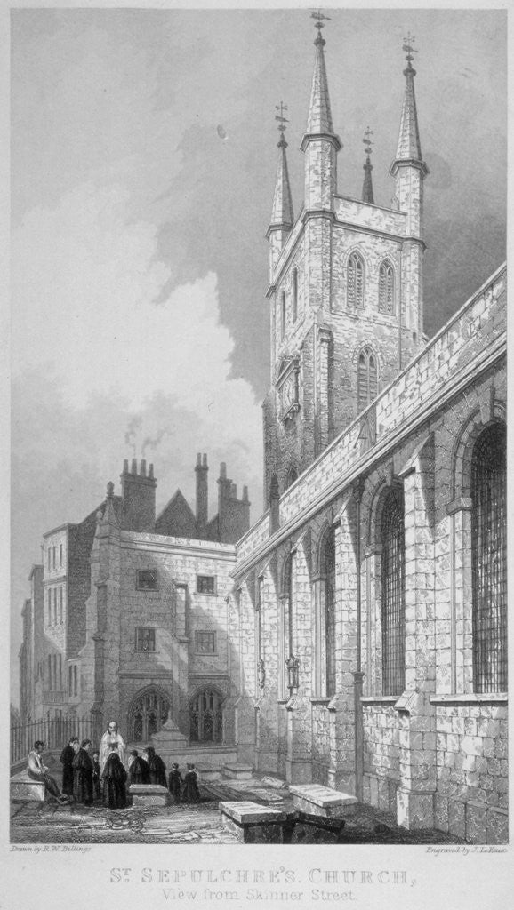 Detail of View of St Sepulchre Church from Skinner Street, City of London by John Le Keux
