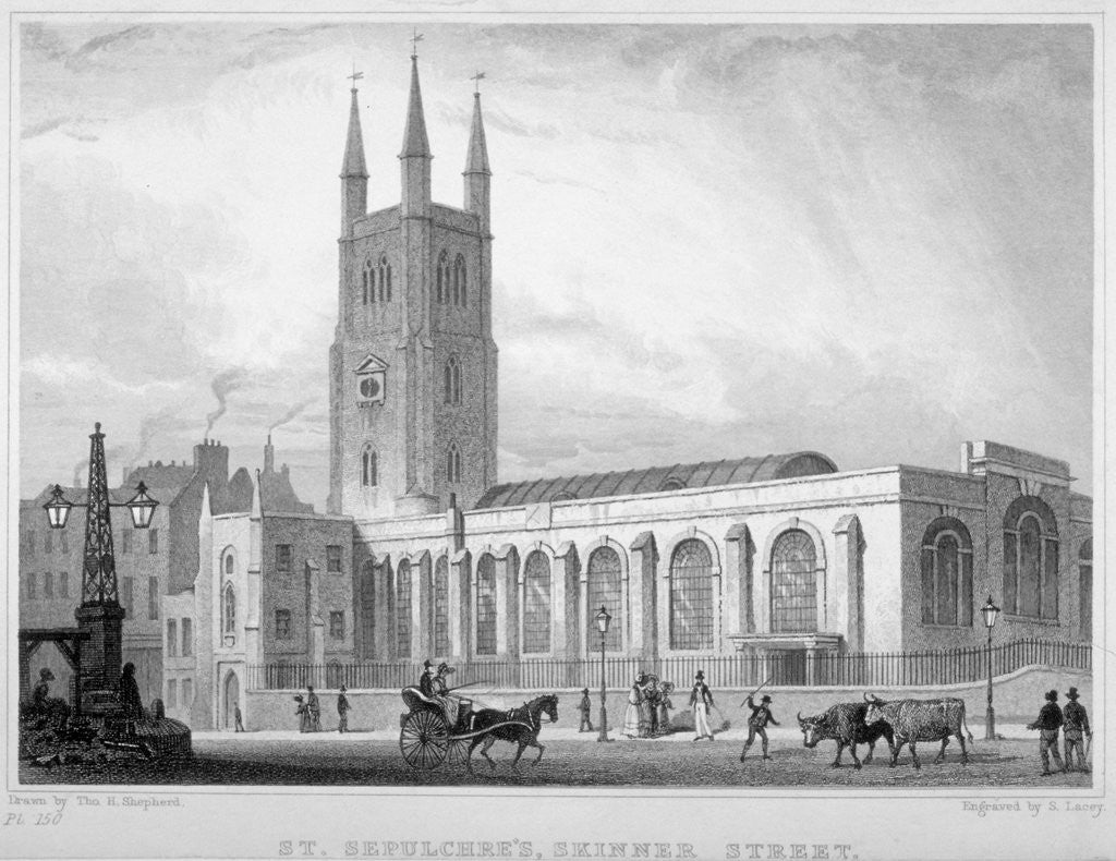 Detail of View of St Sepulchre Church, Skinner Street, City of London by S Lacey