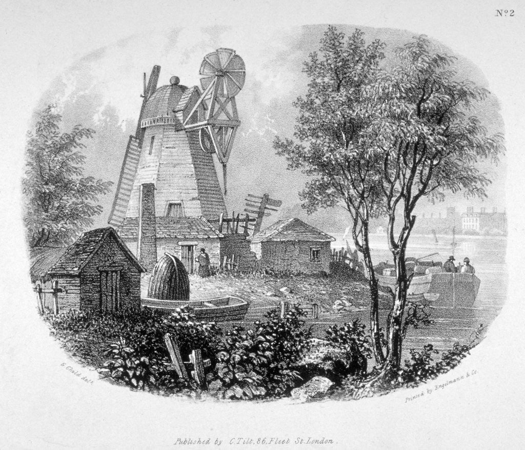 Detail of View of a windmill and the River Thames, Battersea, London by Anonymous