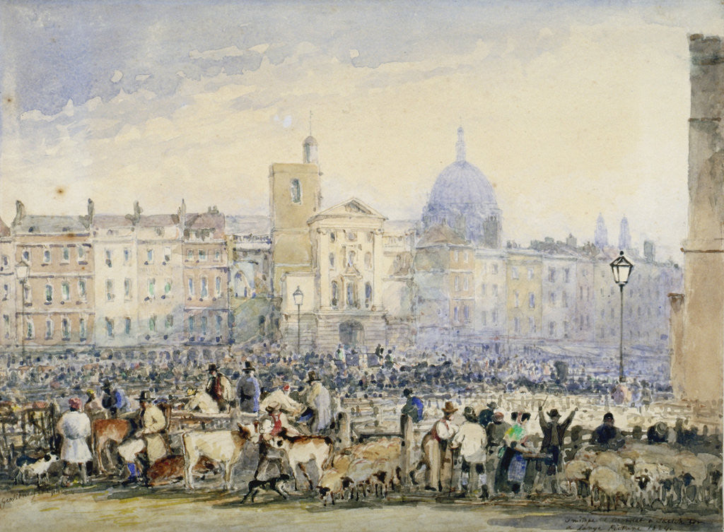 View of Smithfield Market with figures and animals, City of London by George Sidney Shepherd