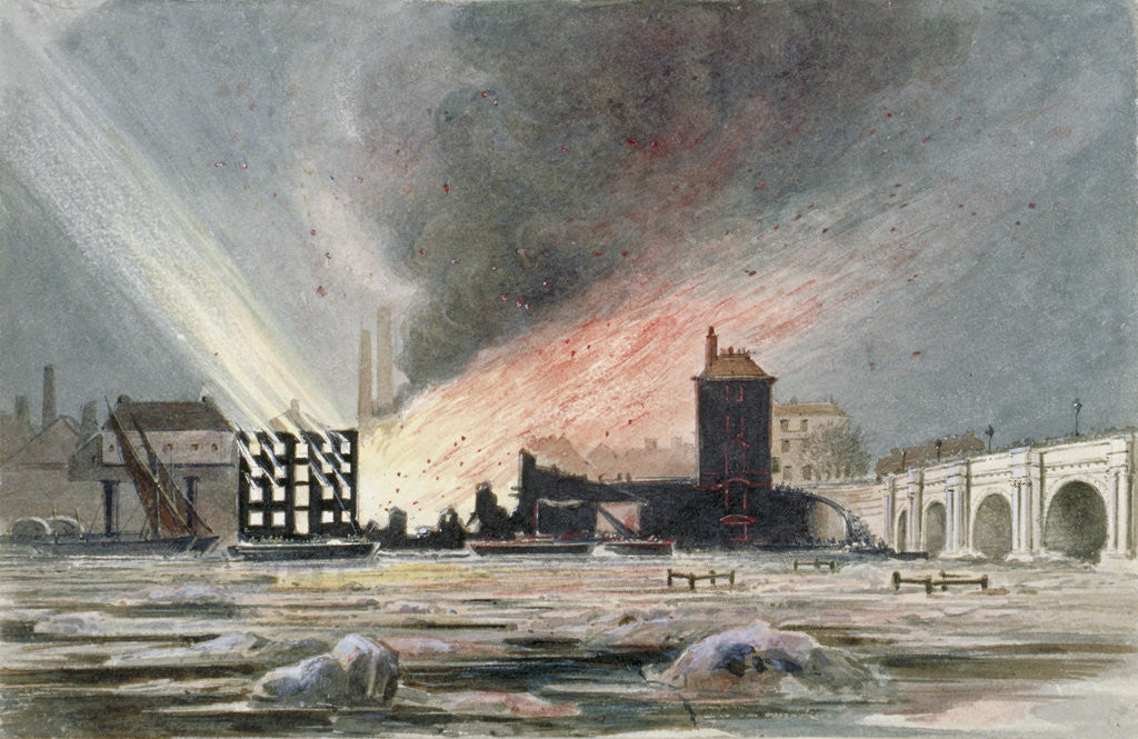 Destruction of Sir C Price's oil warehouse and wharf, William Street, Blackfriars, London by Anonymous