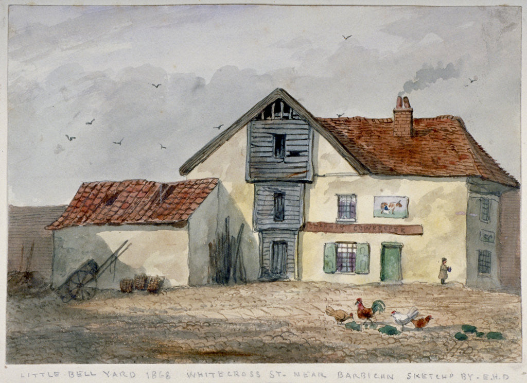 View of Little Bell Yard, Whitecross Street, with chickens in the foreground, London by EH Davies