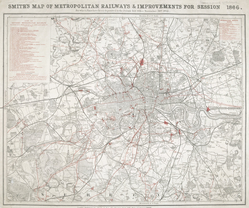 Detail of Map of Greater London showing the Metropolitan Railways and improvements in 1866 by Anonymous