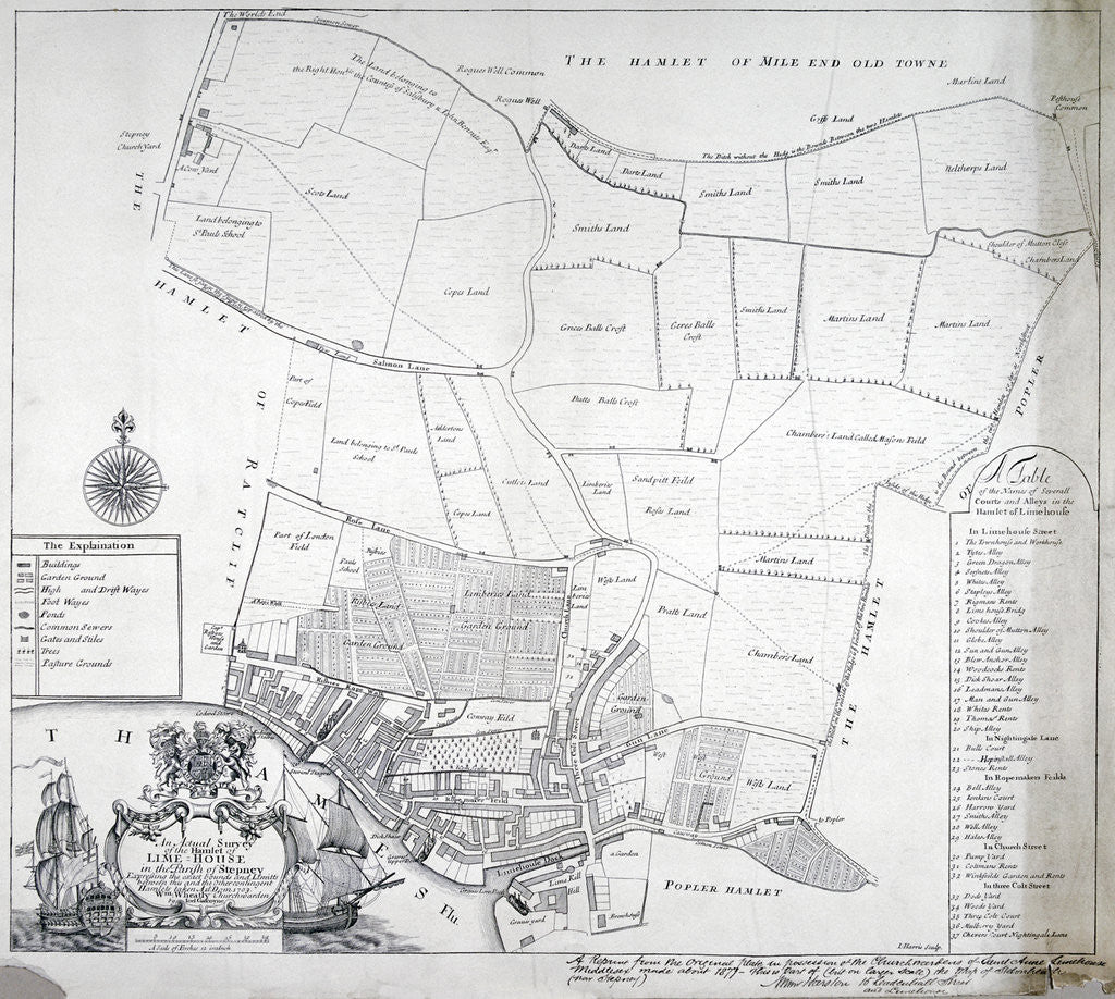 Detail of Map and table of Limehouse in the Parish of Stepney, London by I Harris