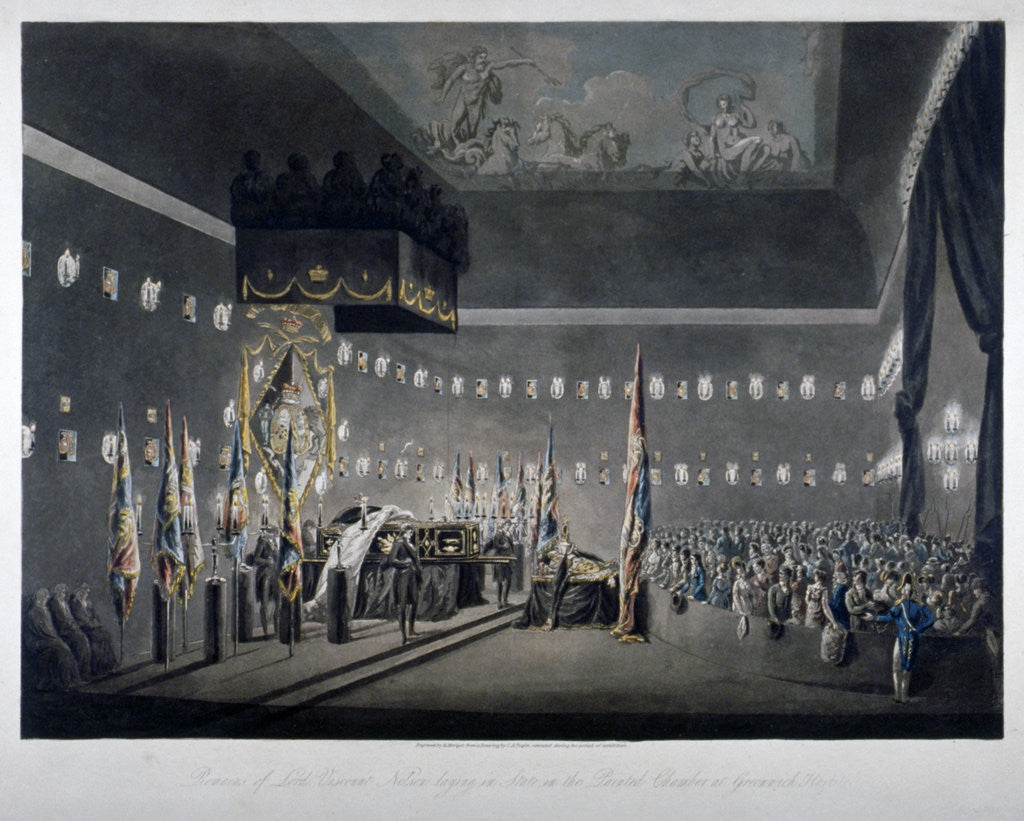 Detail of Lord Nelson lying in state in the painted chamber at Greenwich Hospital, London by M Merigot