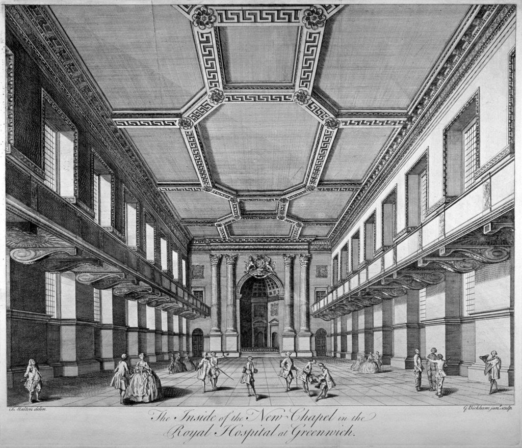 Detail of Interior view of the new chapel, Royal Naval Hospital, Greenwich, London by George Bickham