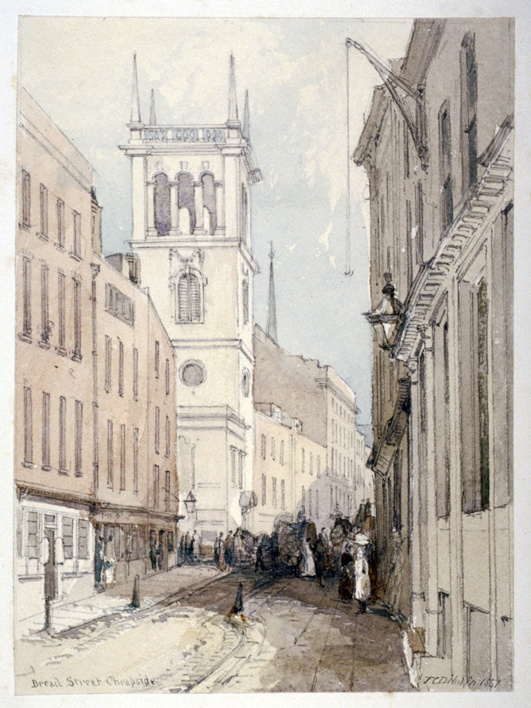 Detail of View of All Hallows Church, buildings and figures on Bread Street, City of London by Thomas Colman Dibdin
