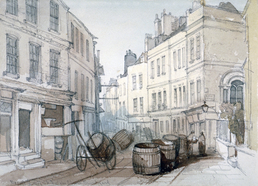 Detail of Bread Street Hill and St Nicholas Olave Churchyard, City of London by Thomas Colman Dibdin