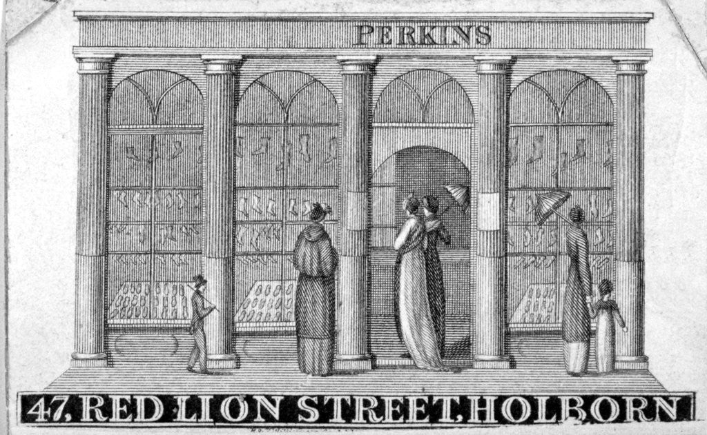 Detail of Shop front of Perkins ladies' shoe shop at 47 Red Lion Street, Holborn, London by Anonymous