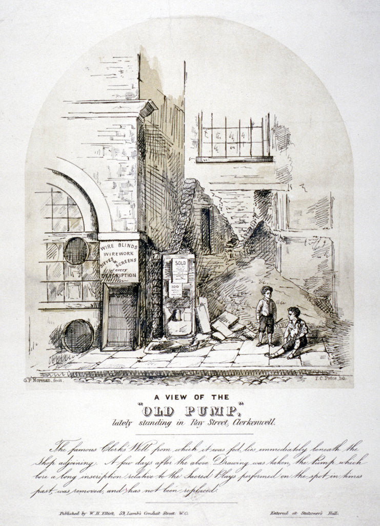 Detail of View of Clerks' Well pump in Ray Street, Finsbury, London by FC Price